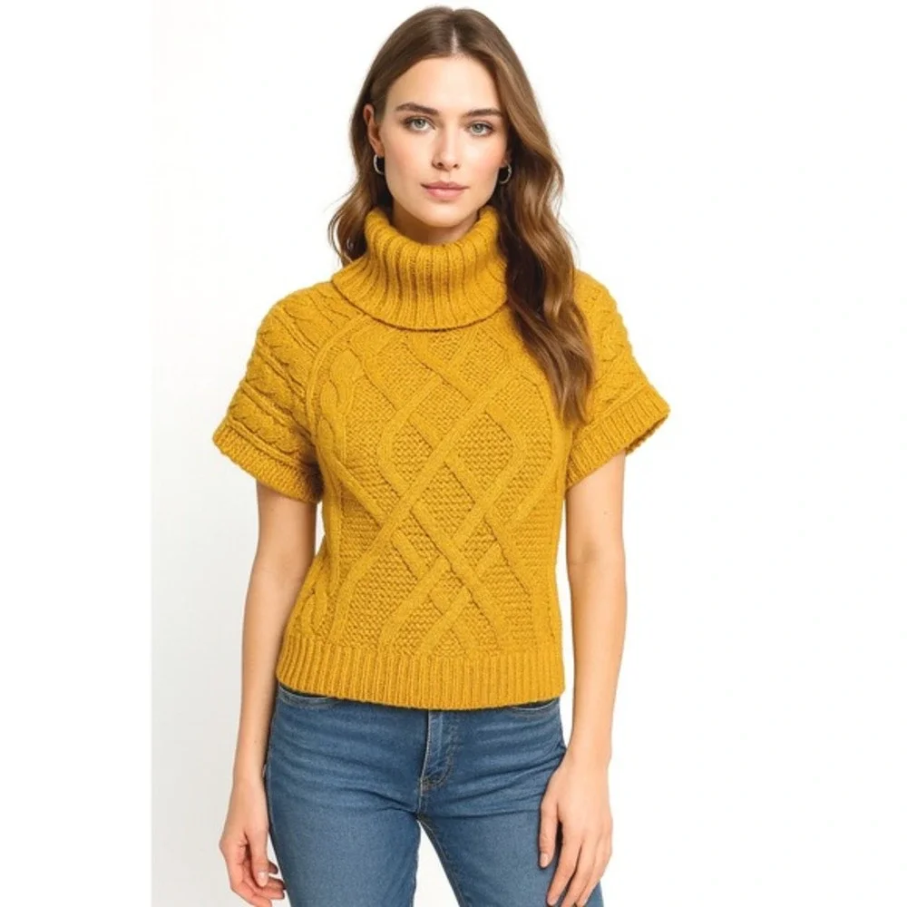 LOFT Mustard Yellow Cable Knit Short Sleeve Turtleneck Sweater M Comfy 26-01‎